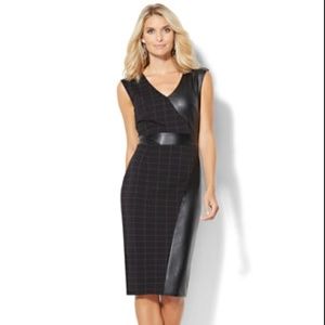 FAUX LEATHER-PANEL PLAID SHEATH DRESS